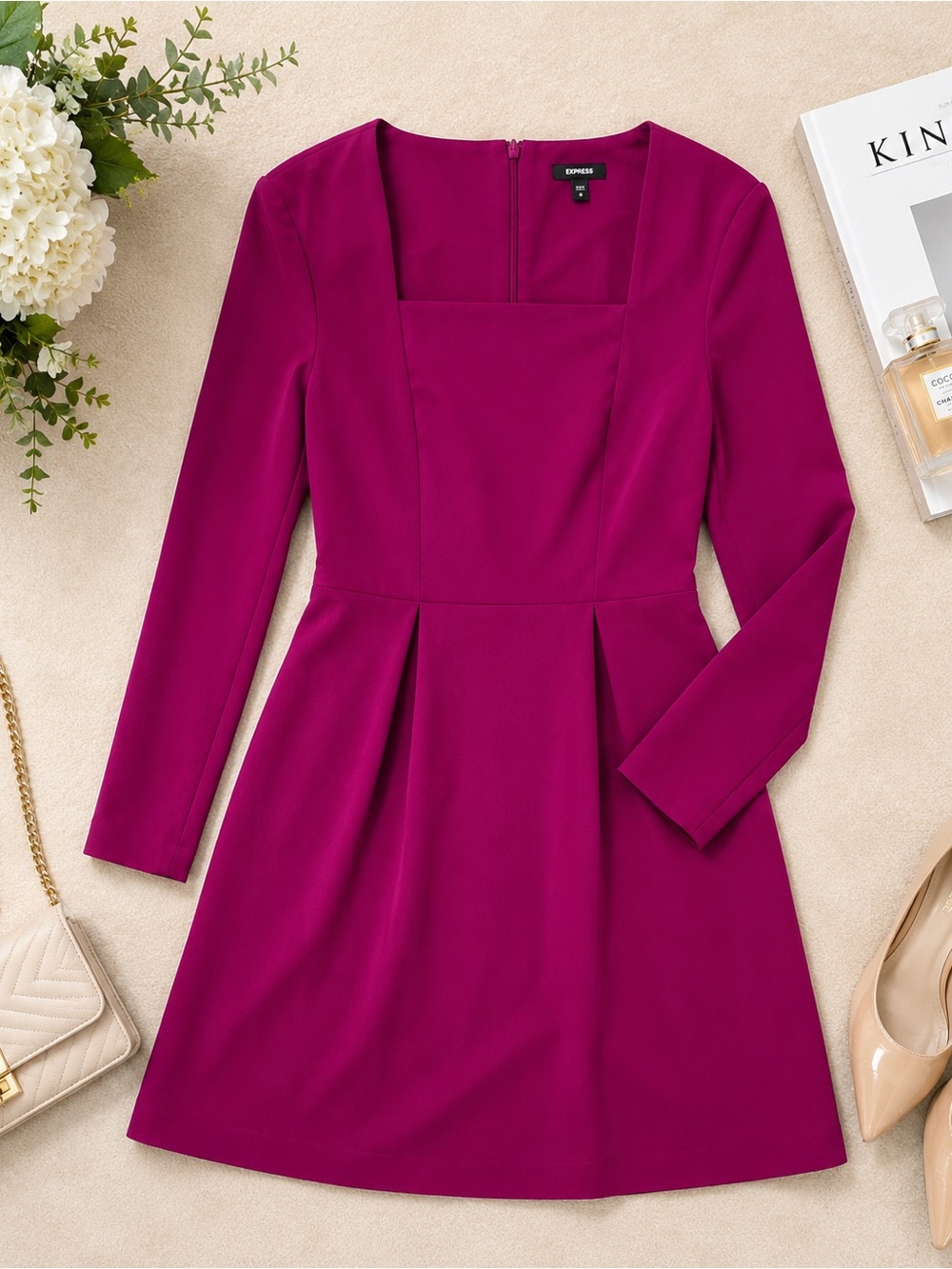 Express Fuchsia Pink Square Neck Long Sleeve Mini Dress Size M